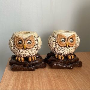 Vintage 1970’s Owl Candle Stick Holder Decorations RARE